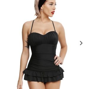 Black One Piece Ruffle Skirt Swimsuit